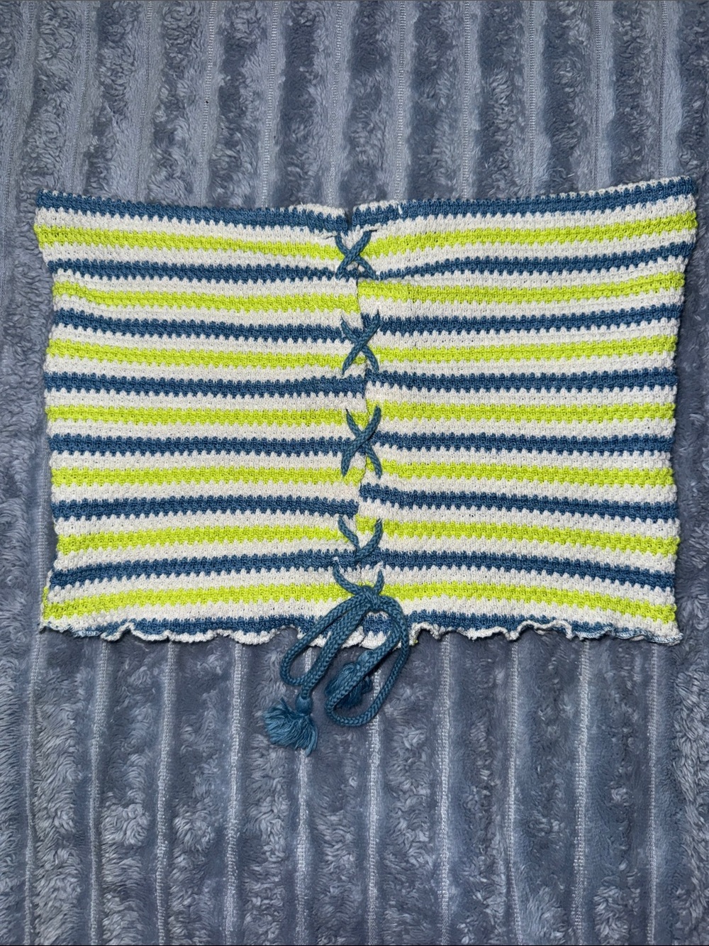 Urban Outfitters Striped Crochet Lace-Up Tube Top in White Blue & Lime Small